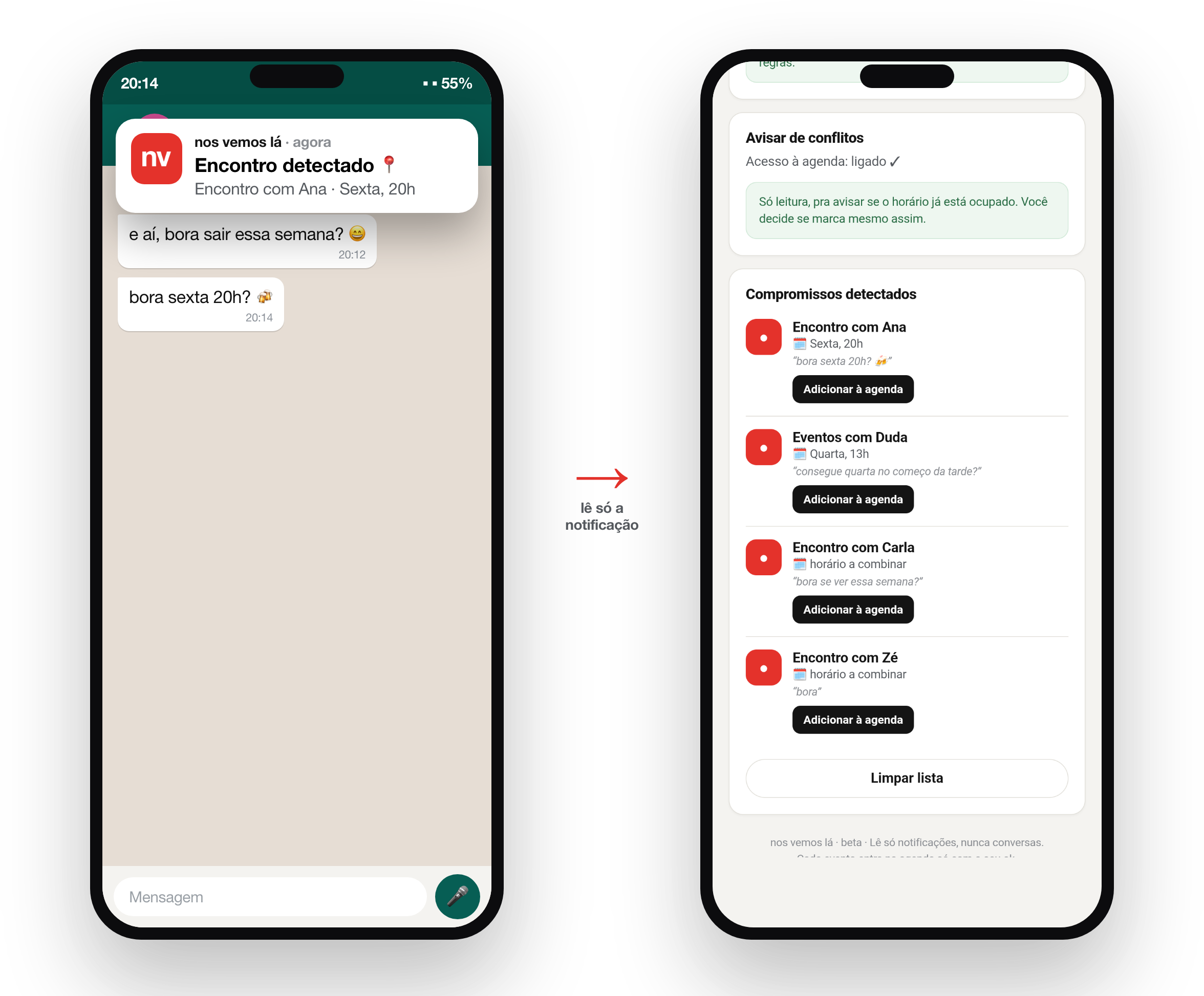 Tela do WhatsApp com o convite “bora sexta 20h?” e a tela real do app nos vemos lá com o encontro detectado, pronto pra agenda