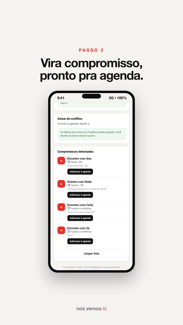 Vira compromisso, pronto pra agenda — captura real do app